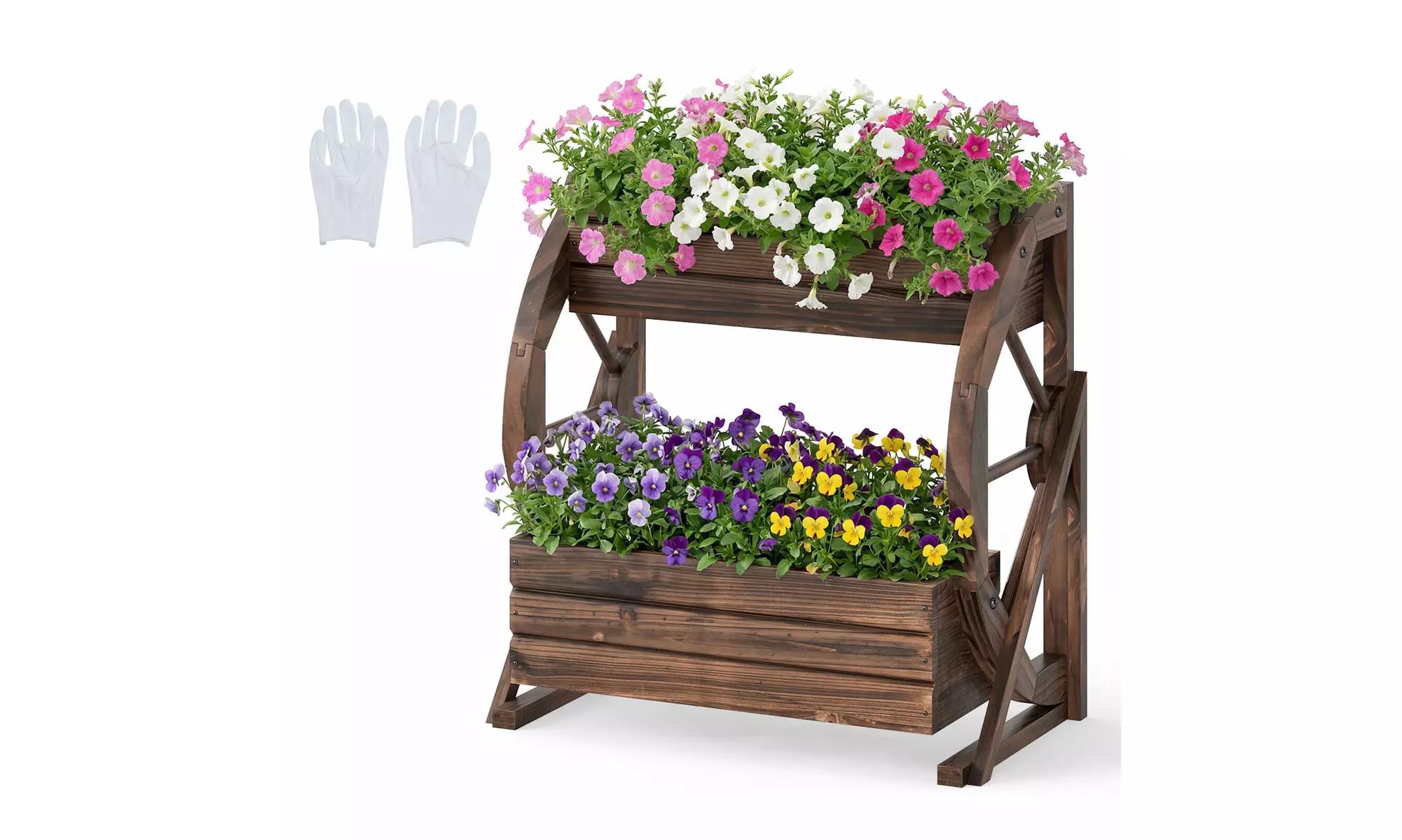 Costway 2-Tier Rustic Wooden Wagon Planter Box with Drainage Holes