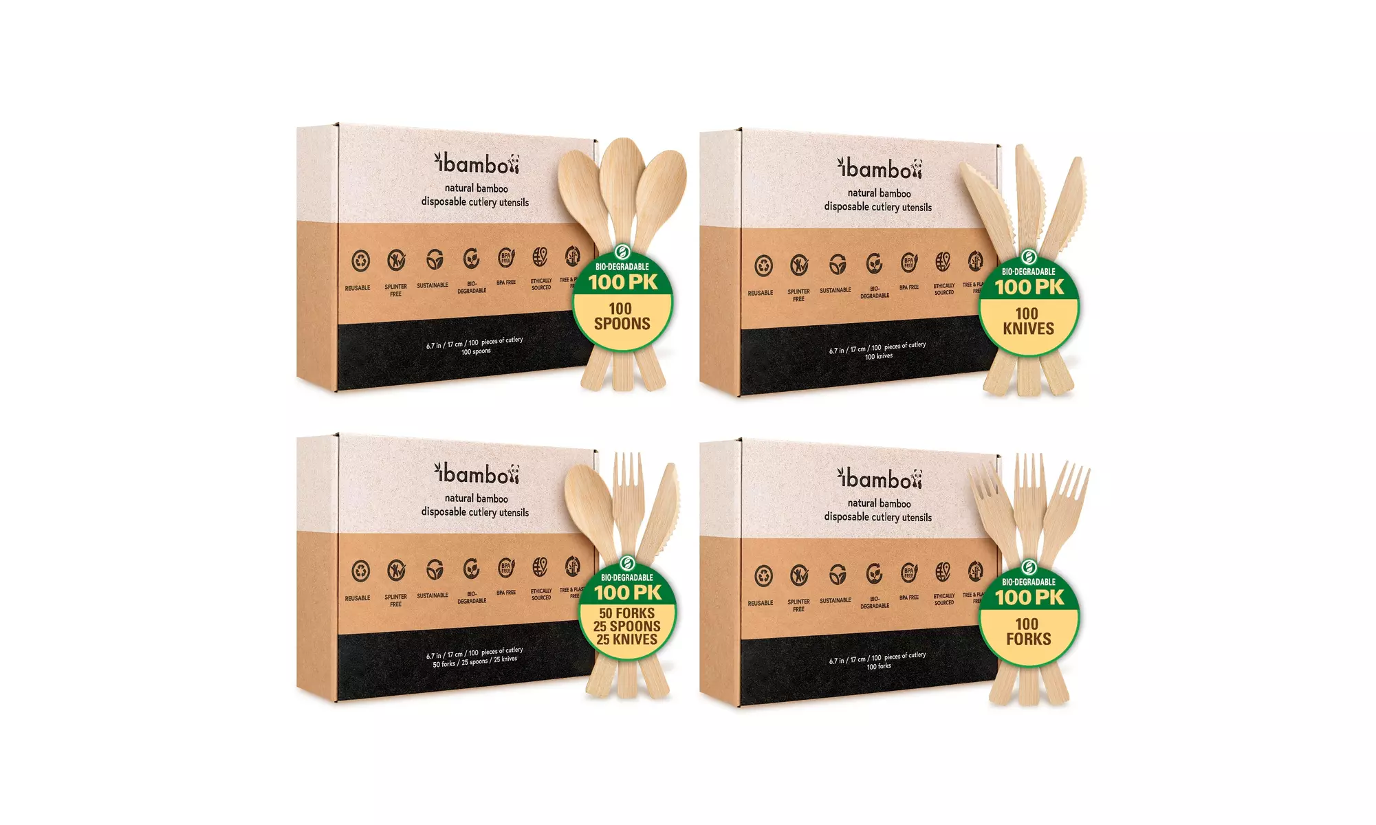 Ibambo Natural Bamboo Utensils 100 Piece Cutlery Sets - Disposable or Reusable - Primary Image