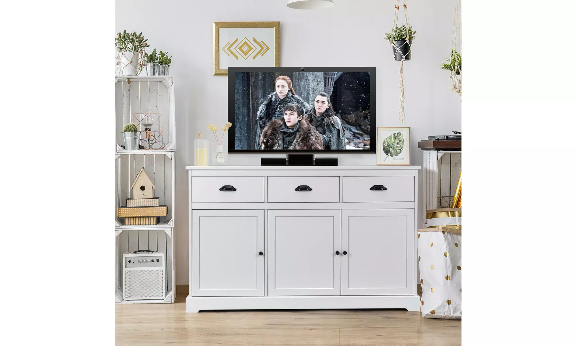 Costway 3 Drawers Sideboard Buffet Cabinet Table Kitchen Storage Cupboard White - Primary Image