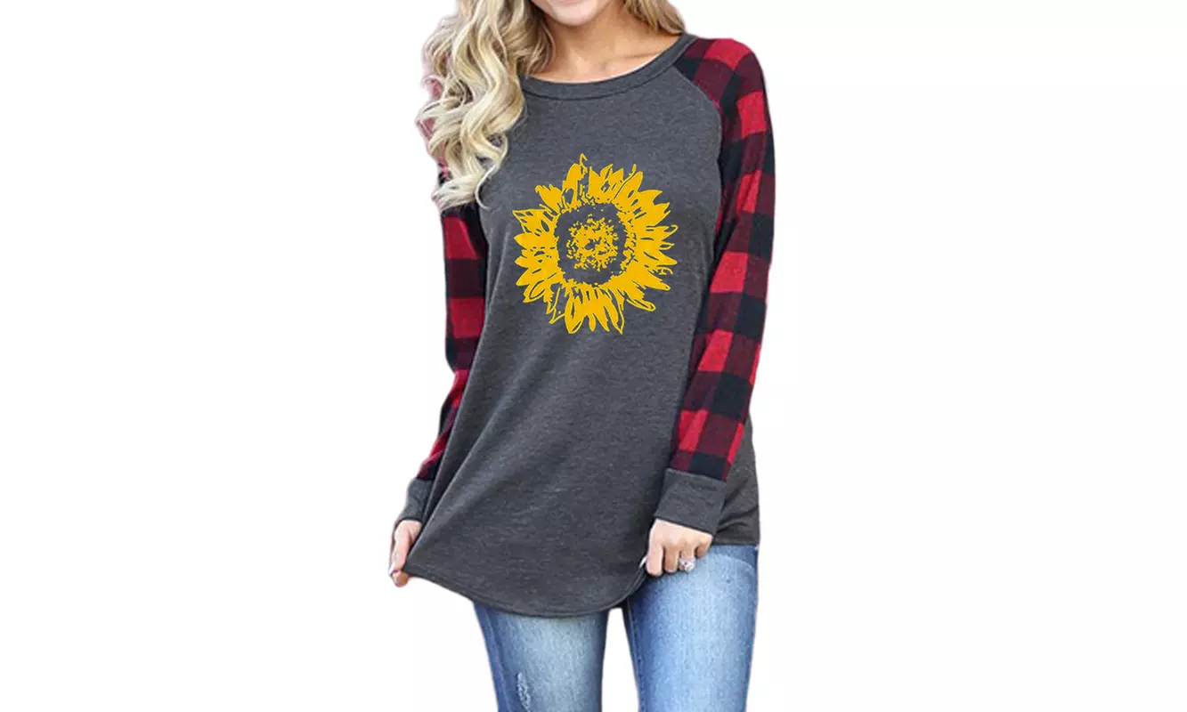 Women's Plaid Raglan Sleeve T-Shirt Printed Long Sleeve Tops Tunic - Second Medium