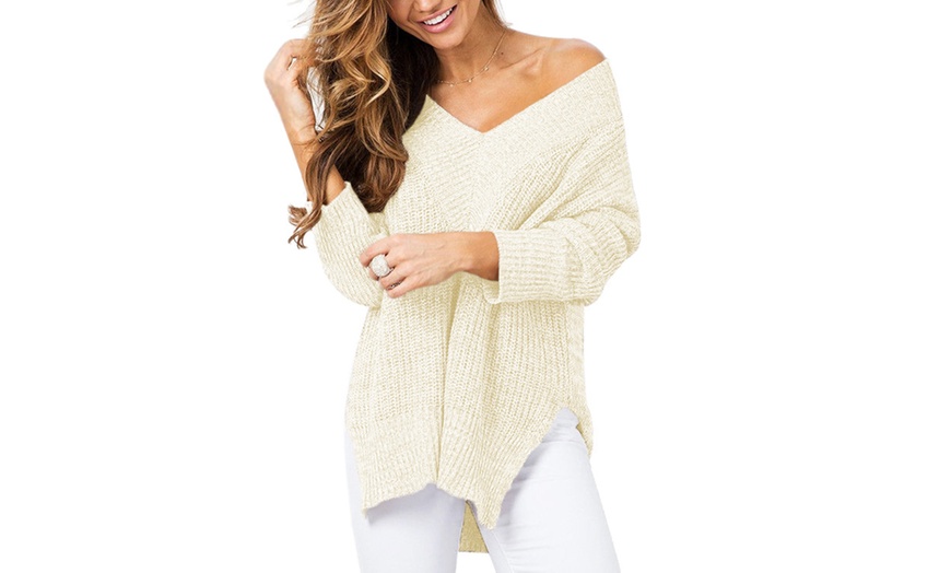 Image 8: Women's V-neck Loose Knit Pullover Sweater Jumper Tops