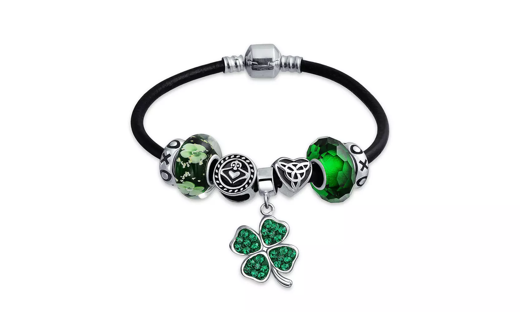 Clover Claddagh Charm Bracelet Leather Sterling Silver - Primary Image