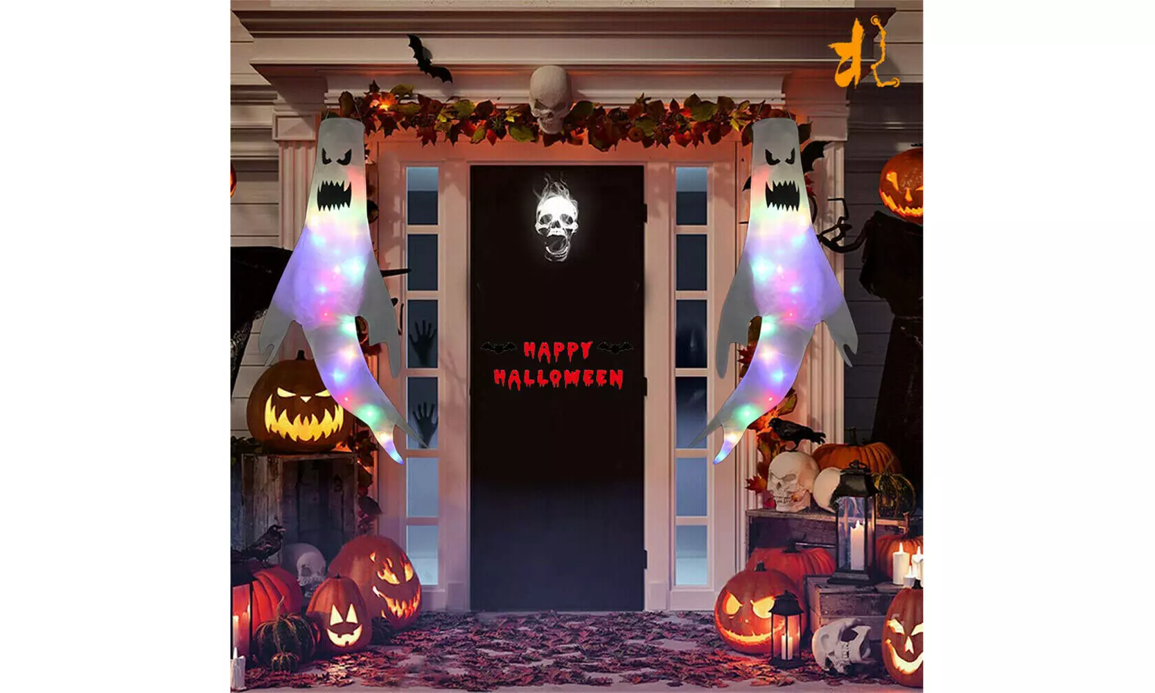 Halloween Hanging Ghost Windsock Outdoor Holiday Party Decoration w/ Led Lights