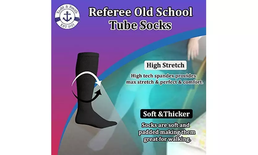 12 Pairs of Yacht & Smith Mens Referee Cotton Tube Socks, Solid and Striped