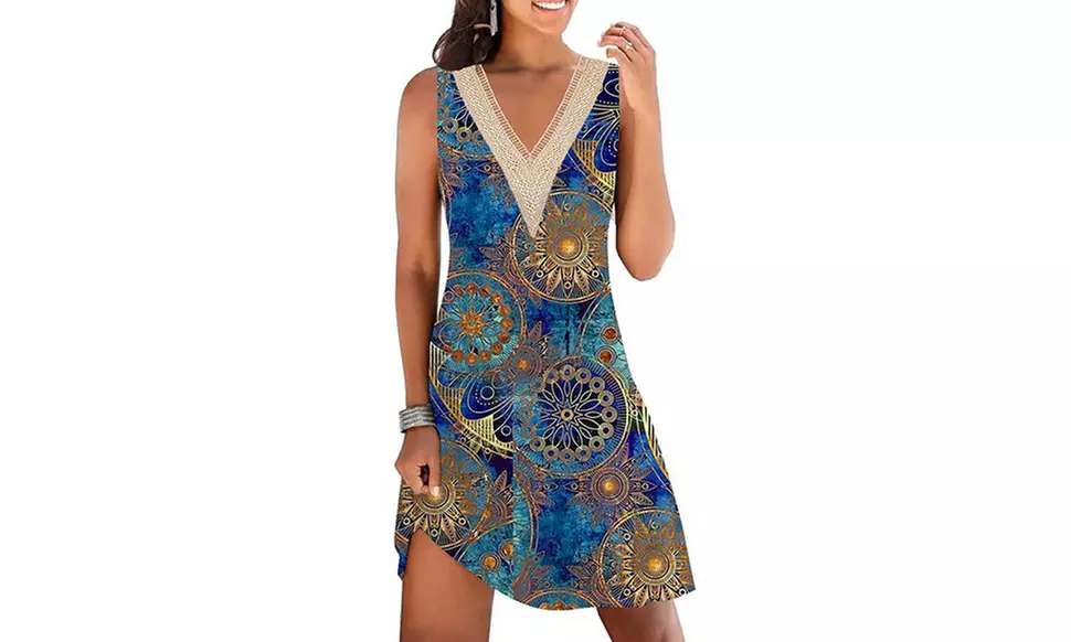 Women Lace Trim V Neck Sleeveless Dress with Pockets S-2X