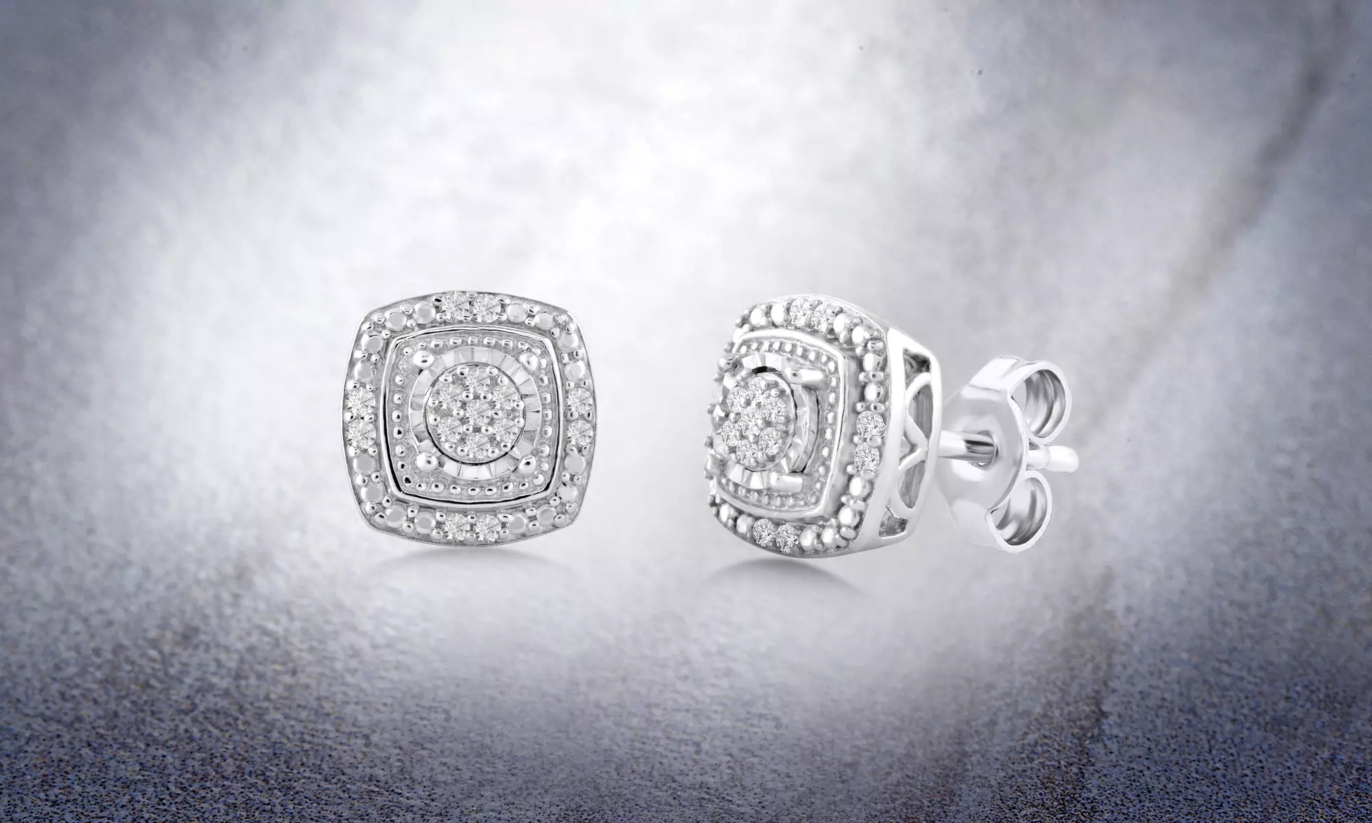 1/10 CT Diamond Cluster Halo Cushion Frame Stud Earrings in Sterling Silver