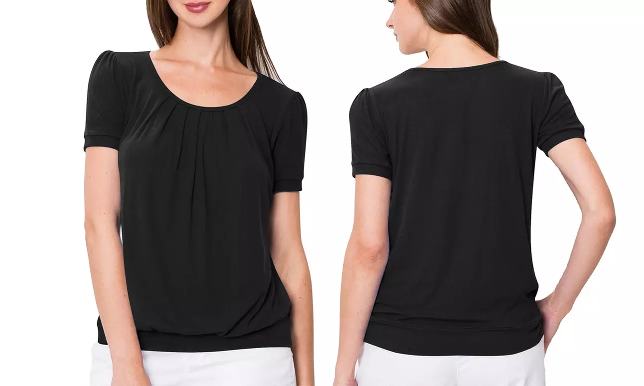 Made by Johnny Women's Scoop Neck Short Sleeve Front Pleated Blouse