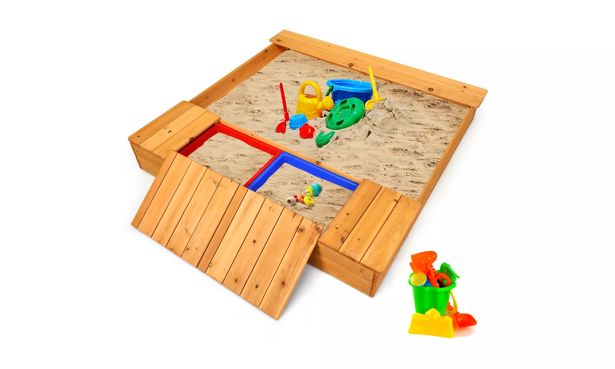 Costway Kids Cedar Sandbox w/ Canopy & Bench Seats Children Outdoor Playset