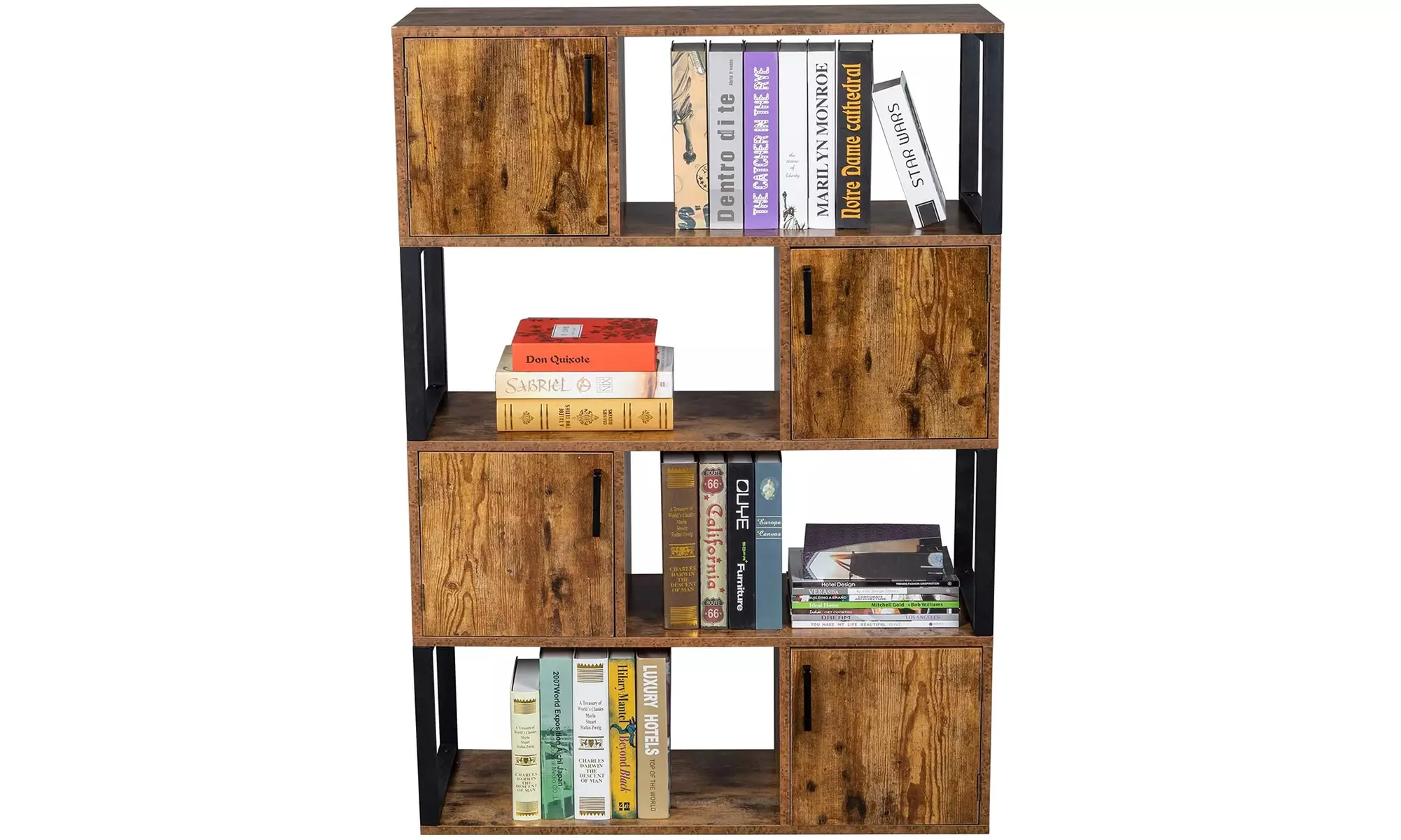 4-Shelf Storage Bookcase with 4 Cube, Wood Display Cabinet Furniture, Brown - Primary Image