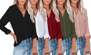 Lesies Women's Button Down V Neck Long Sleeve Casual Blouses Tops