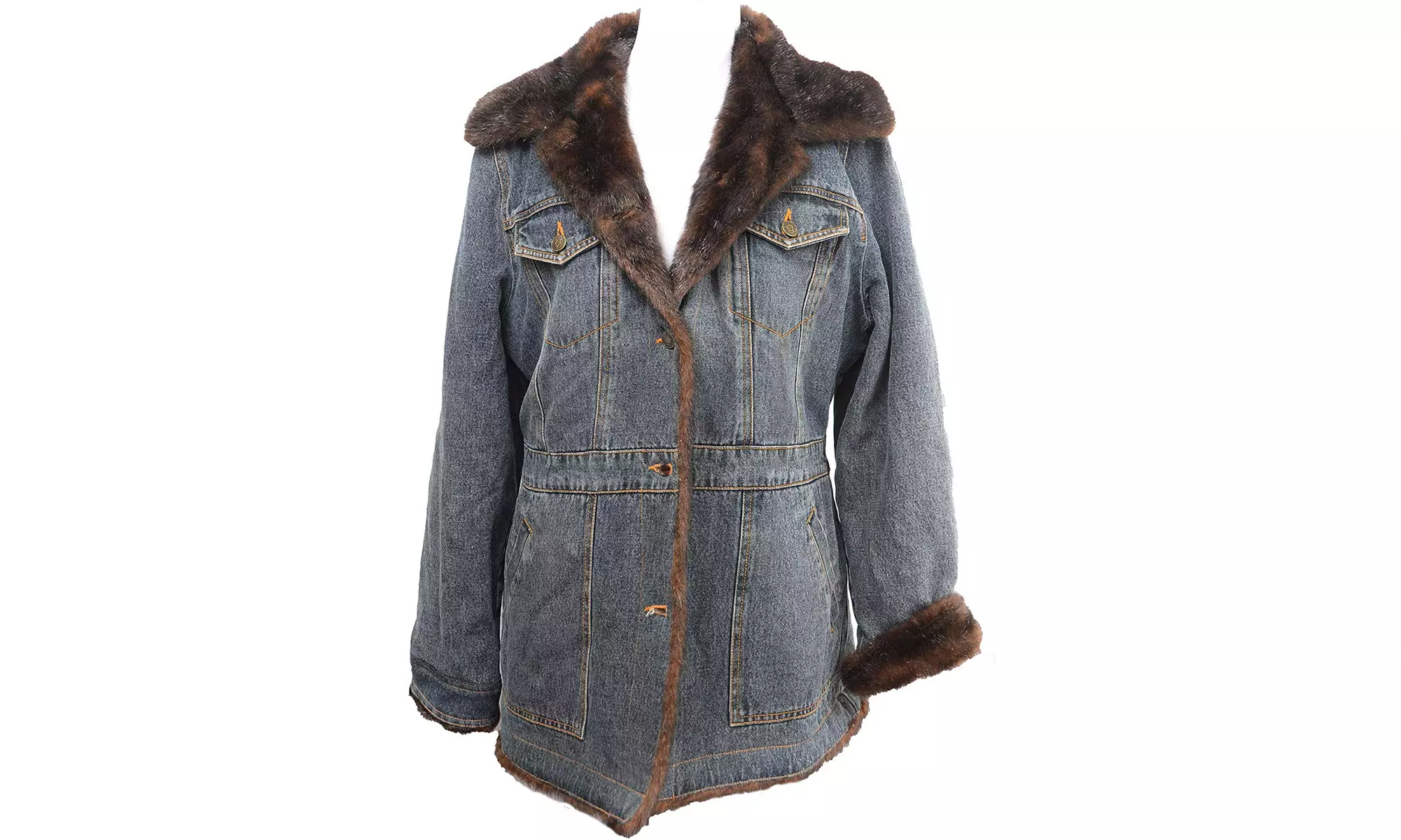 Marvin Richards Denim Jacket Vintage Lined Faux Fur Mink Collar Jean Coat - Primary Image