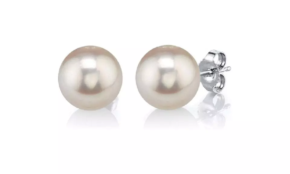 24k White Gold Plated 7 MM Pearl Stud Earrings. - Second Medium