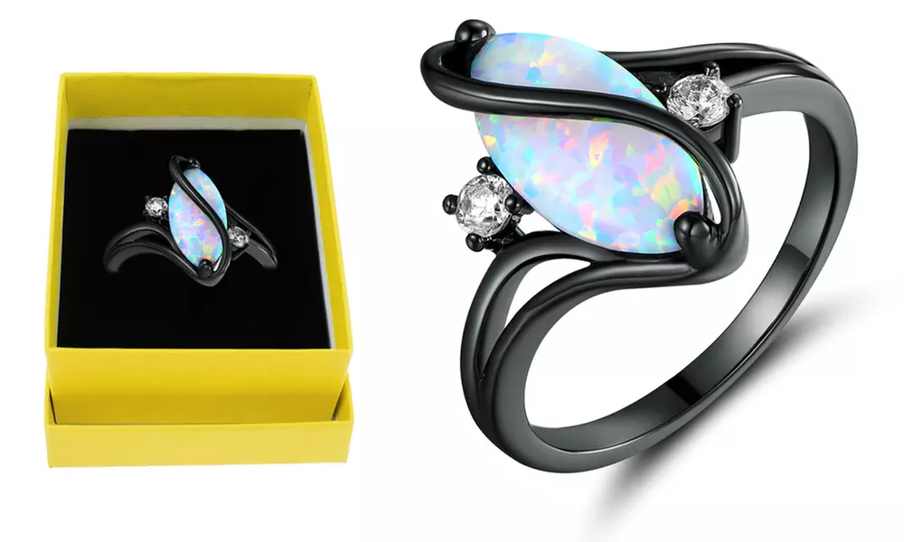 White Fire Opal Oval S Ring in Black Rhodium Plating - Primary Image