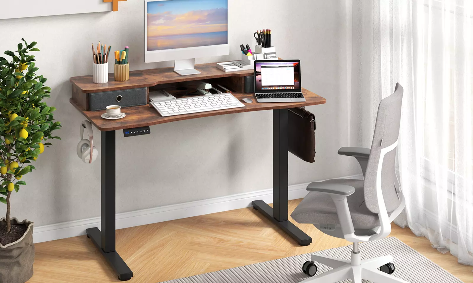 Costway Electric Standing Desk with 2 Drawers Monitor Stand Storage Shelf - Primary Image