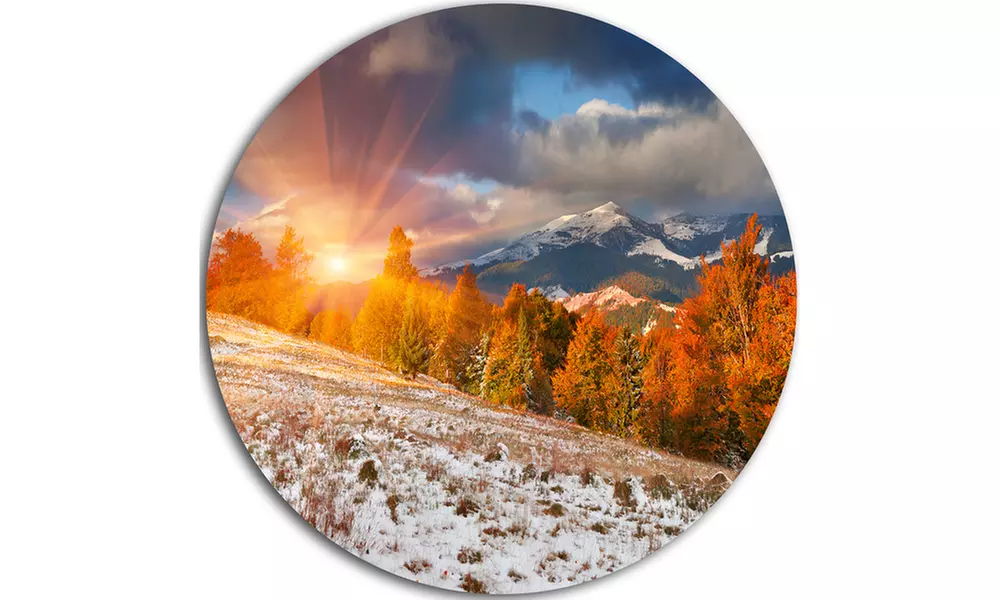 First Snow in Carpathian Mountains' Landscape Photography Circle Metal Wall Art - Second Medium
