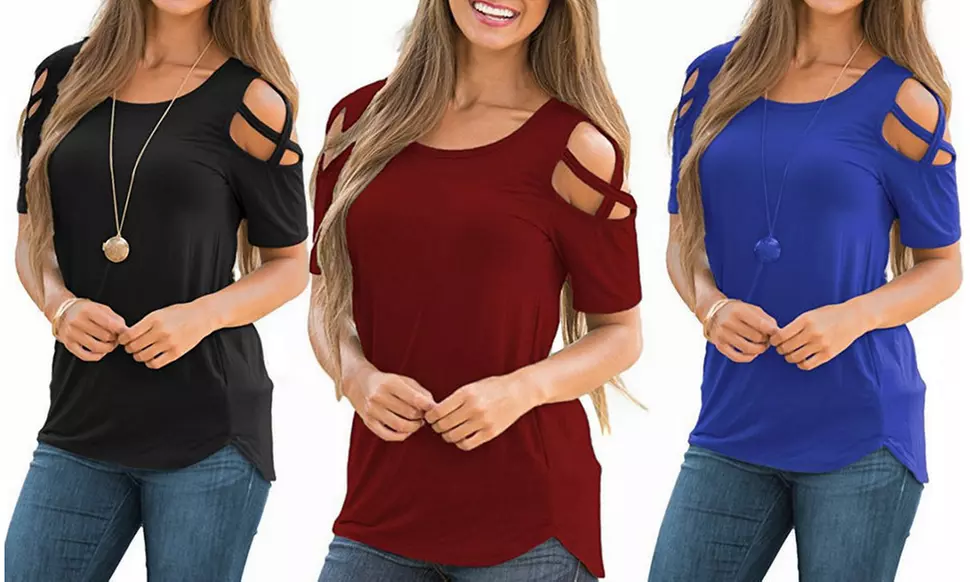  Womens Cross Cold Shoulder Casual Tees Basic T Shirts Tunic Blouse Tops - Primary Image