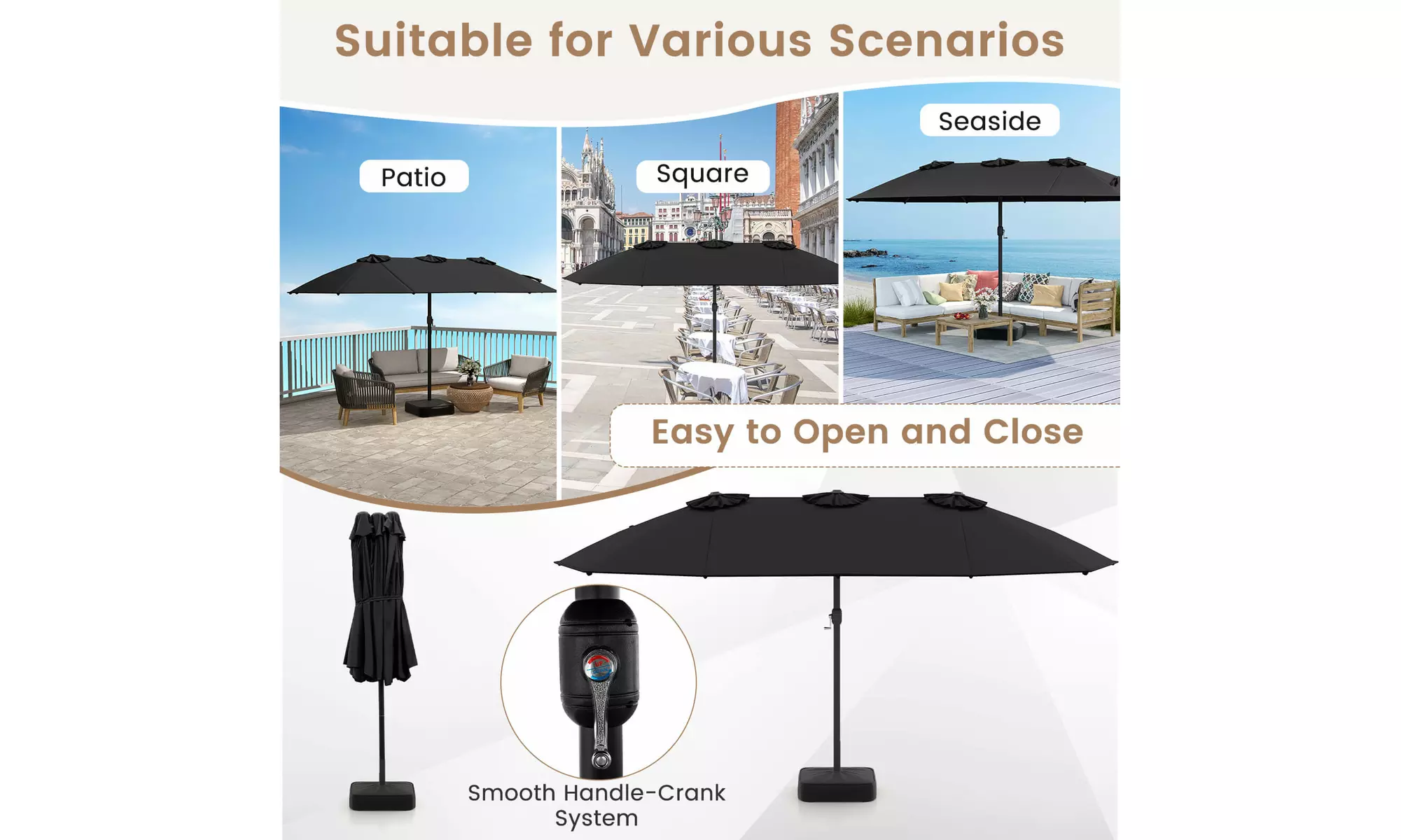 15FT Double-Sided Twin Patio Umbrella Sun Shade Outdoor Crank Market
