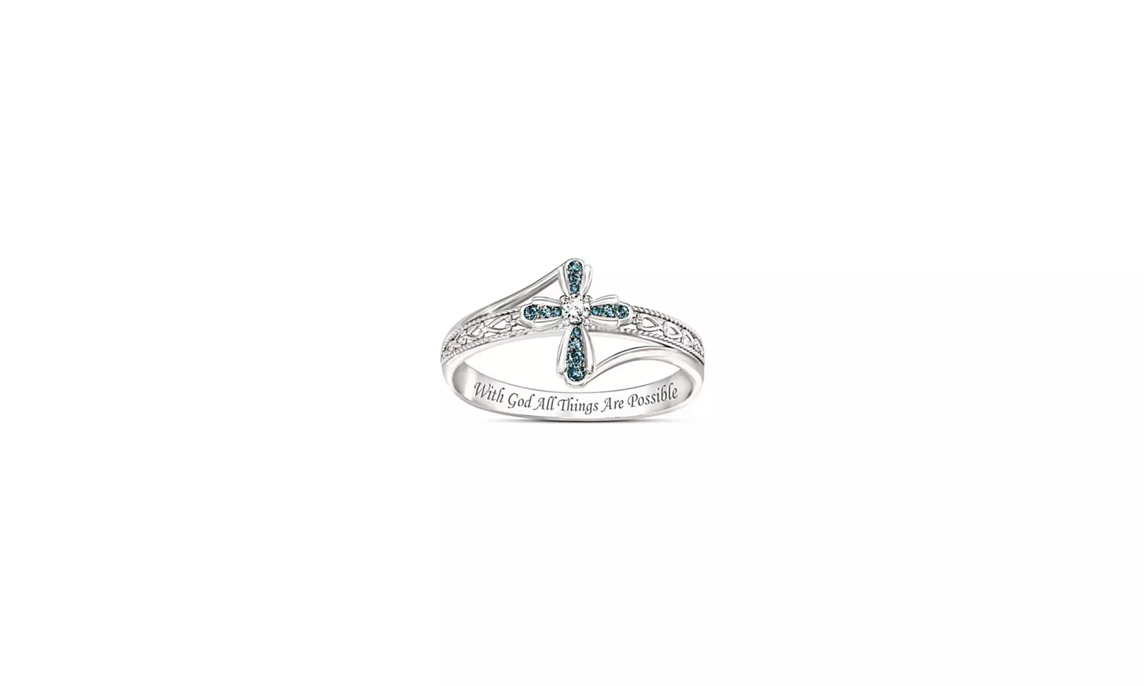 Sapphire Cross Engraved With God All Things Are Possible Ring