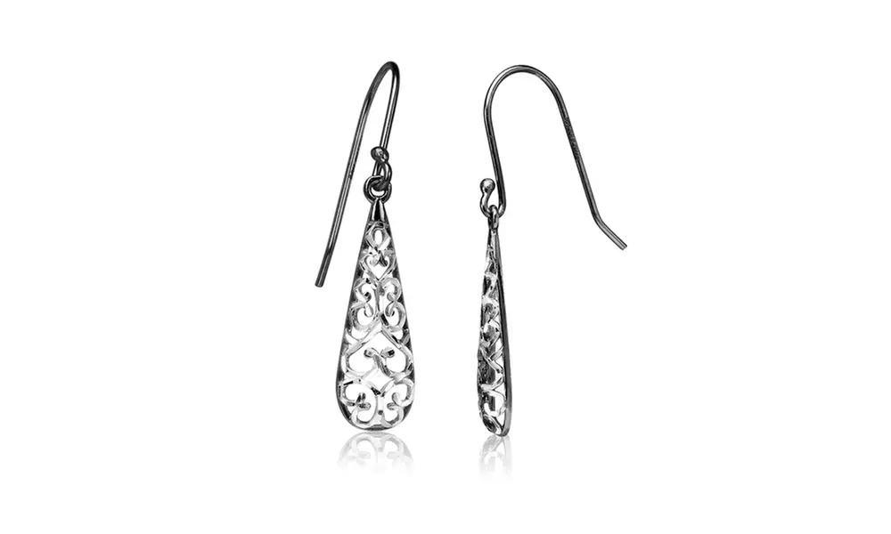 Black Flashed 925 Silver Two-Tone Diamond-cut Filigree Teardrop Dangle Earrings
