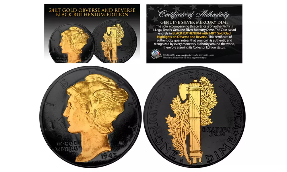 BLACK RUTHENIUM 2-Sided 1916-1945 Original AU MERCURY SILVER DIME Coin 24K Gold - Primary Image