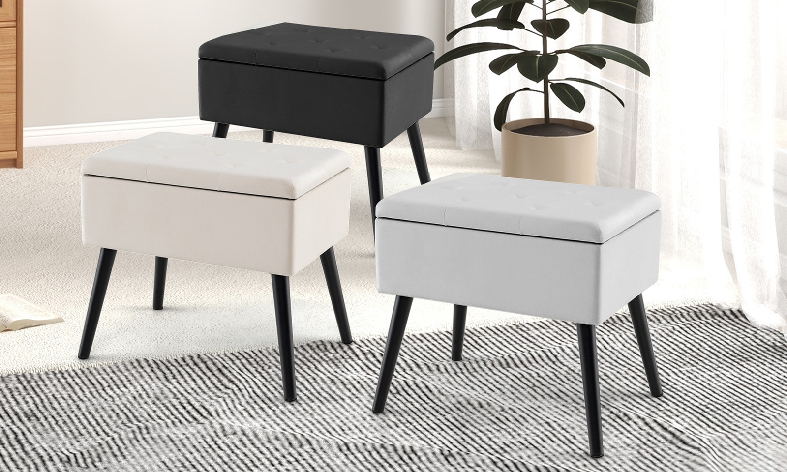  1 or 2 Costway Tufted Velvet Storage Ottomans with Flip-Top and Wooden Legs