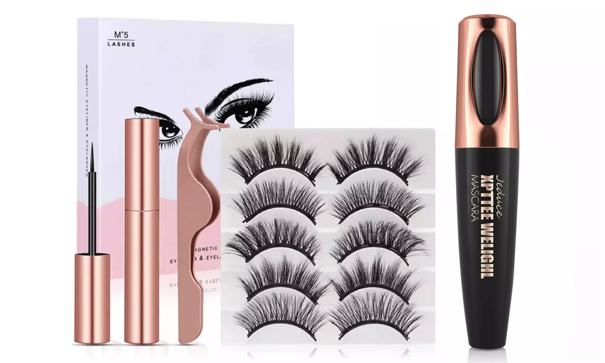 5 Pairs Magnetic Eyelashes Eyeliner and Tweezer Kit & 4D Silk Fiber Lash Mascara - Second Medium