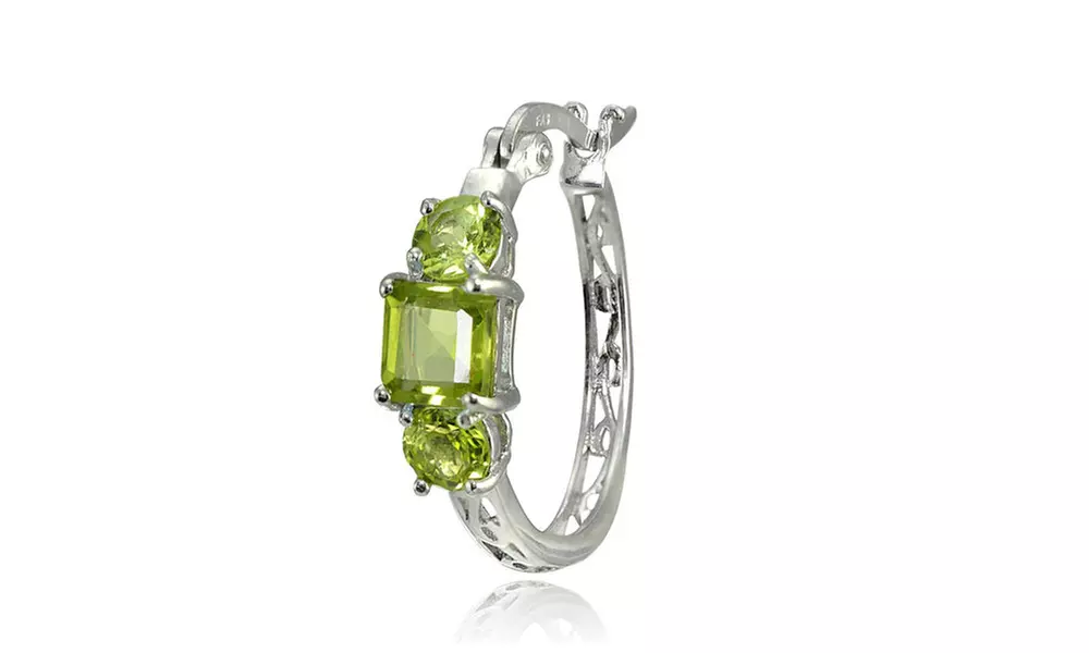 Sterling Silver Peridot Three-Stone Filigree Hoop Earrings - Second Medium