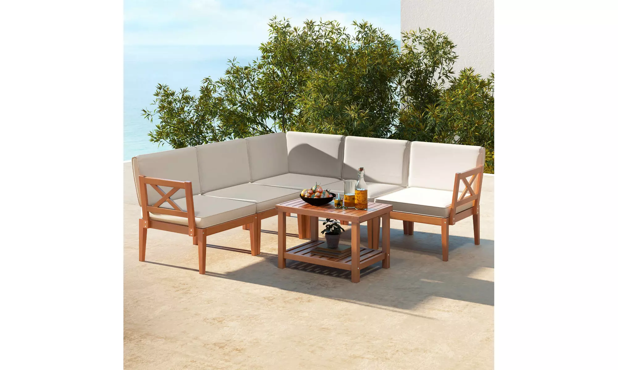 Costway Acacia Wood Patio Furniture Set with Cushions and 2-Tier Coffee Table
