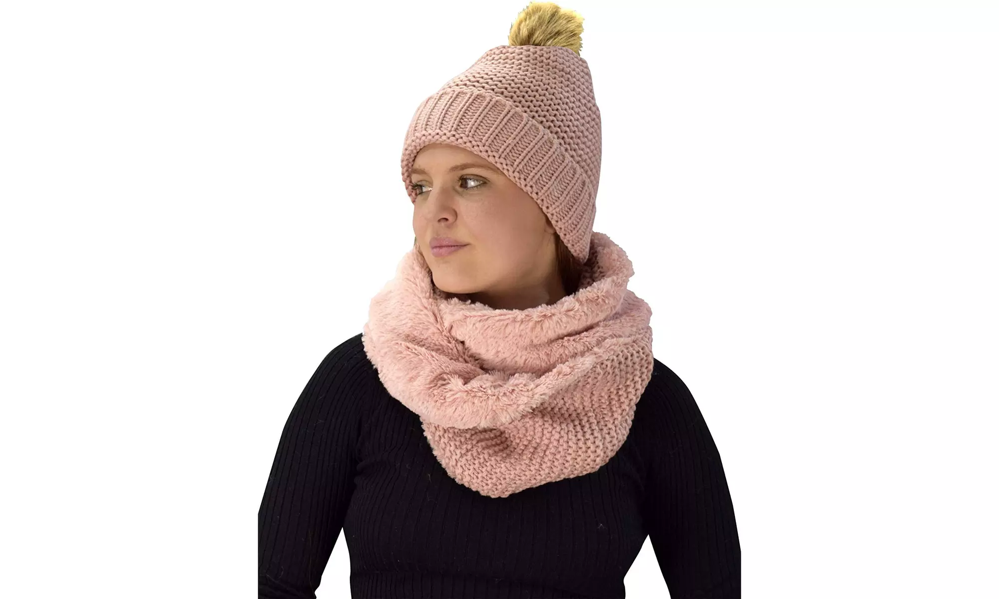 Thick Crochet Weave Beanie Fur Lined Hat Plush Faux Fur Infinity Loop Scarf 2 Pk - Primary Image