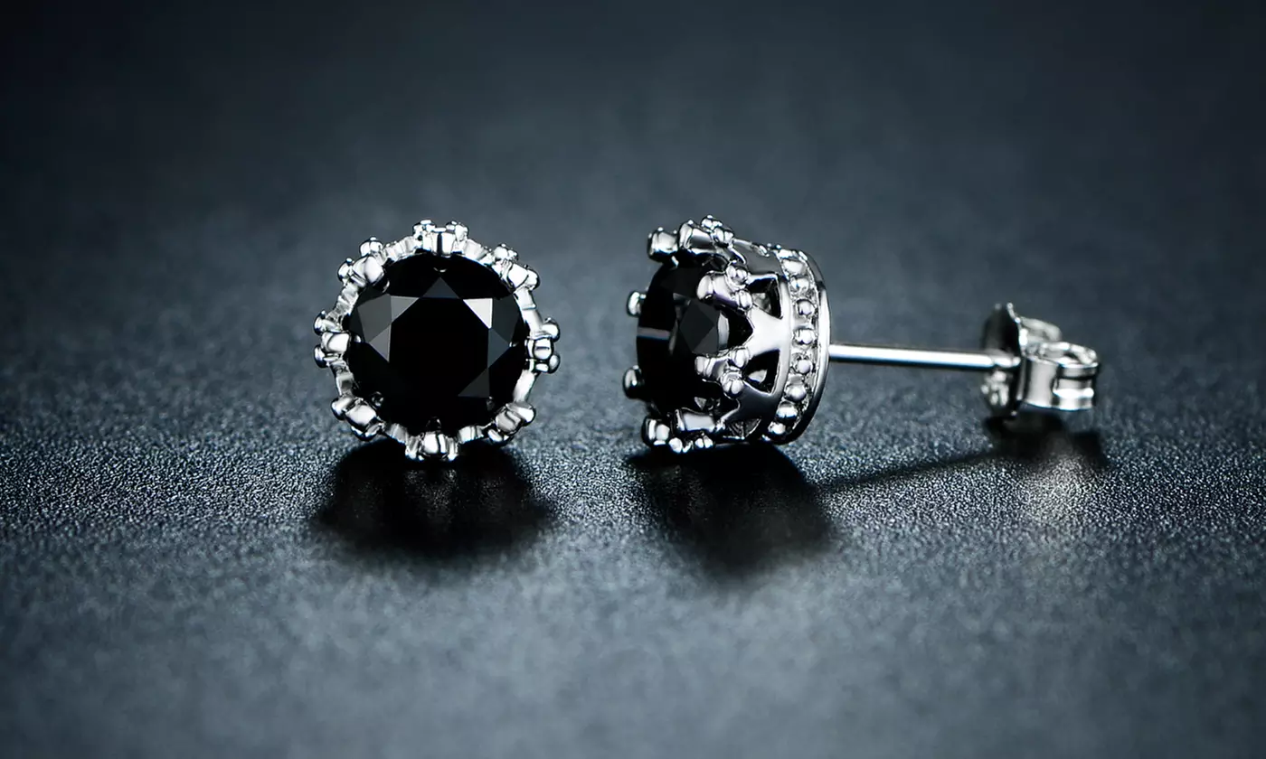 Genuine Black Onyx Crown Stud Earrings By GEMBASSY - Second Medium