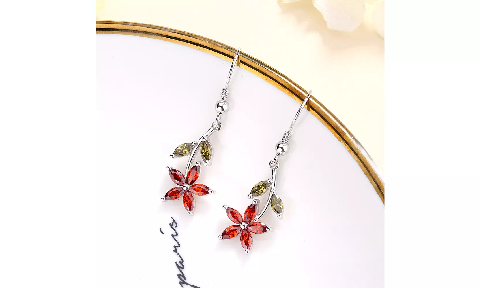 18K White Gold Plated Garnet and Peridot Floral Drop Earrings - Primary Image