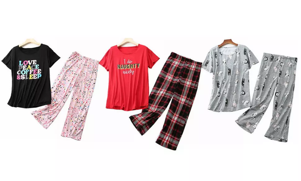 Women Sleep Shirt Tee Pajama Set Tops Capri Pants with Fun Prints - Primary Image