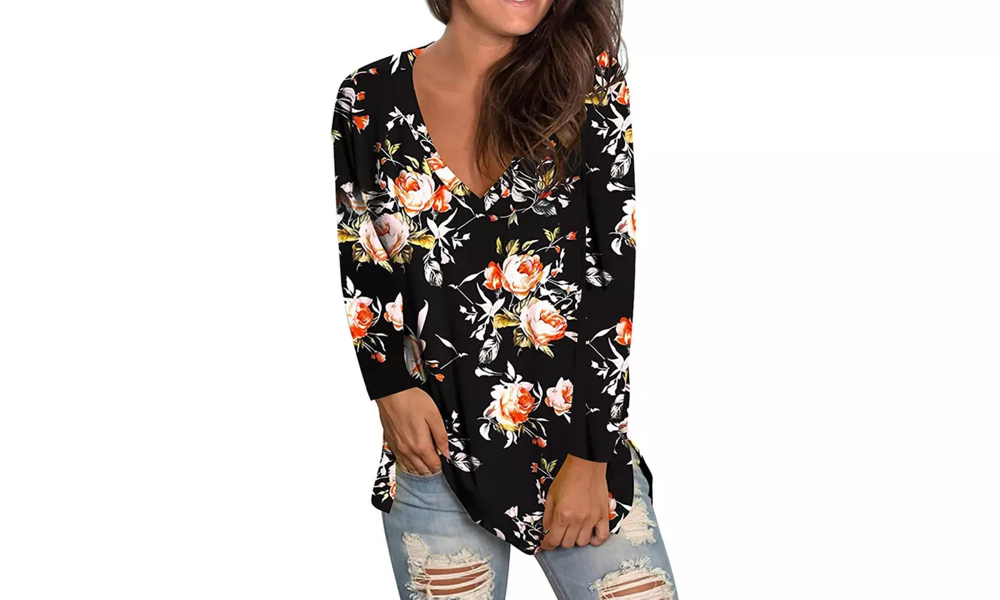 Womens Summer  Floral Printed V Neck Tunic Shirts 