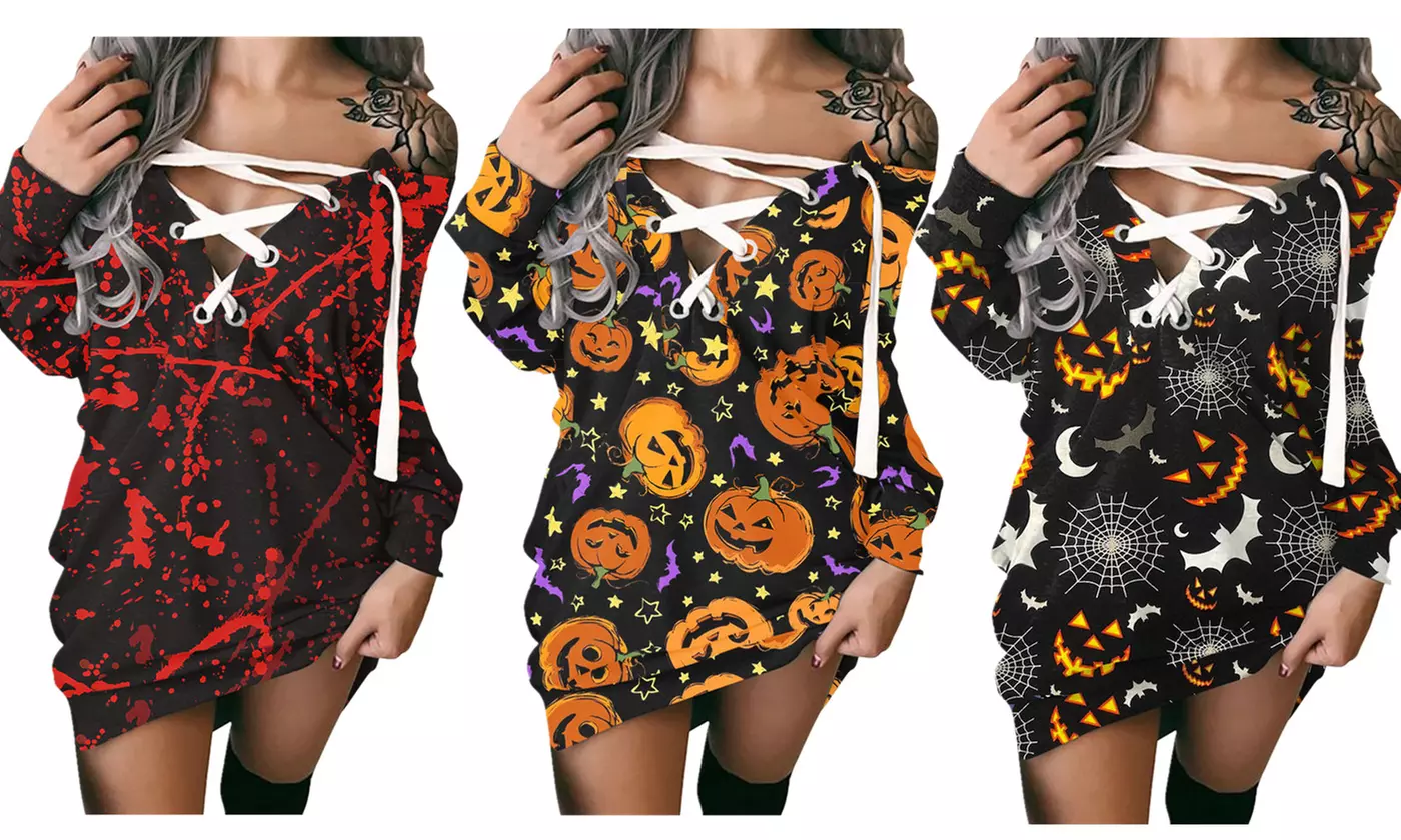 LESIES Women's Casual Halloween Pullover Sweatshirt Long Sleeve  Hoodie Dress  - Primary Image