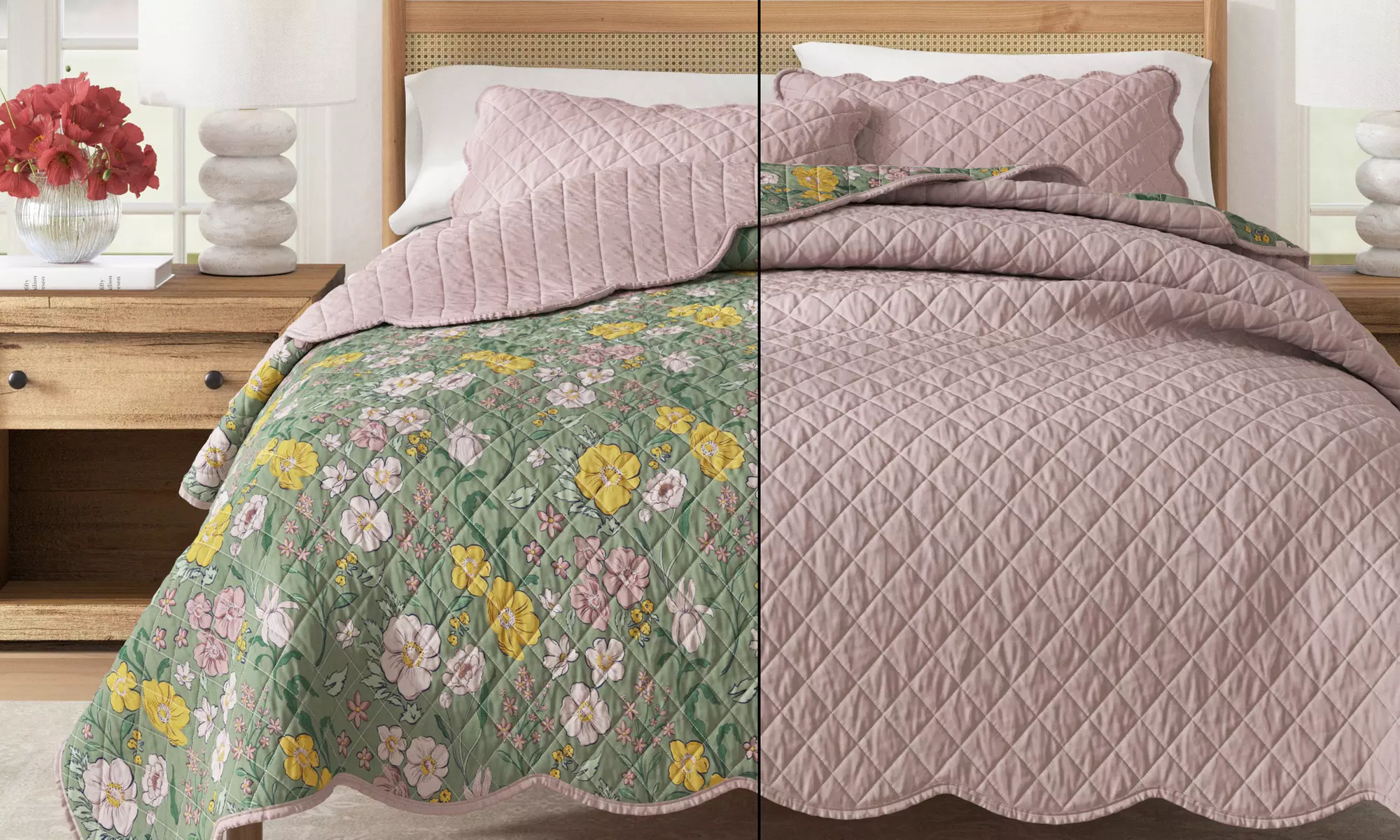Floral Printed Scalloped Cotton Quilt Set