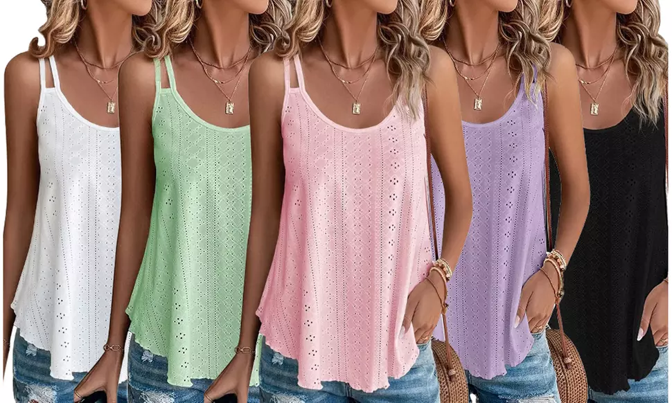 Womens Tank Tops Eyelet Sleeveless Spaghetti Strap Summer Casual Cami Blouse - Primary Image