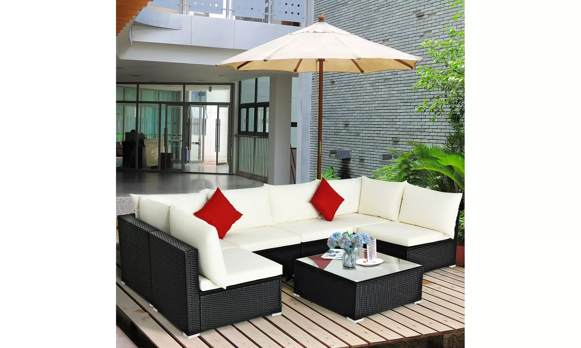 Costway 7PCS Patio Rattan Sofa Set Sectional Conversation Furniture Set Garden