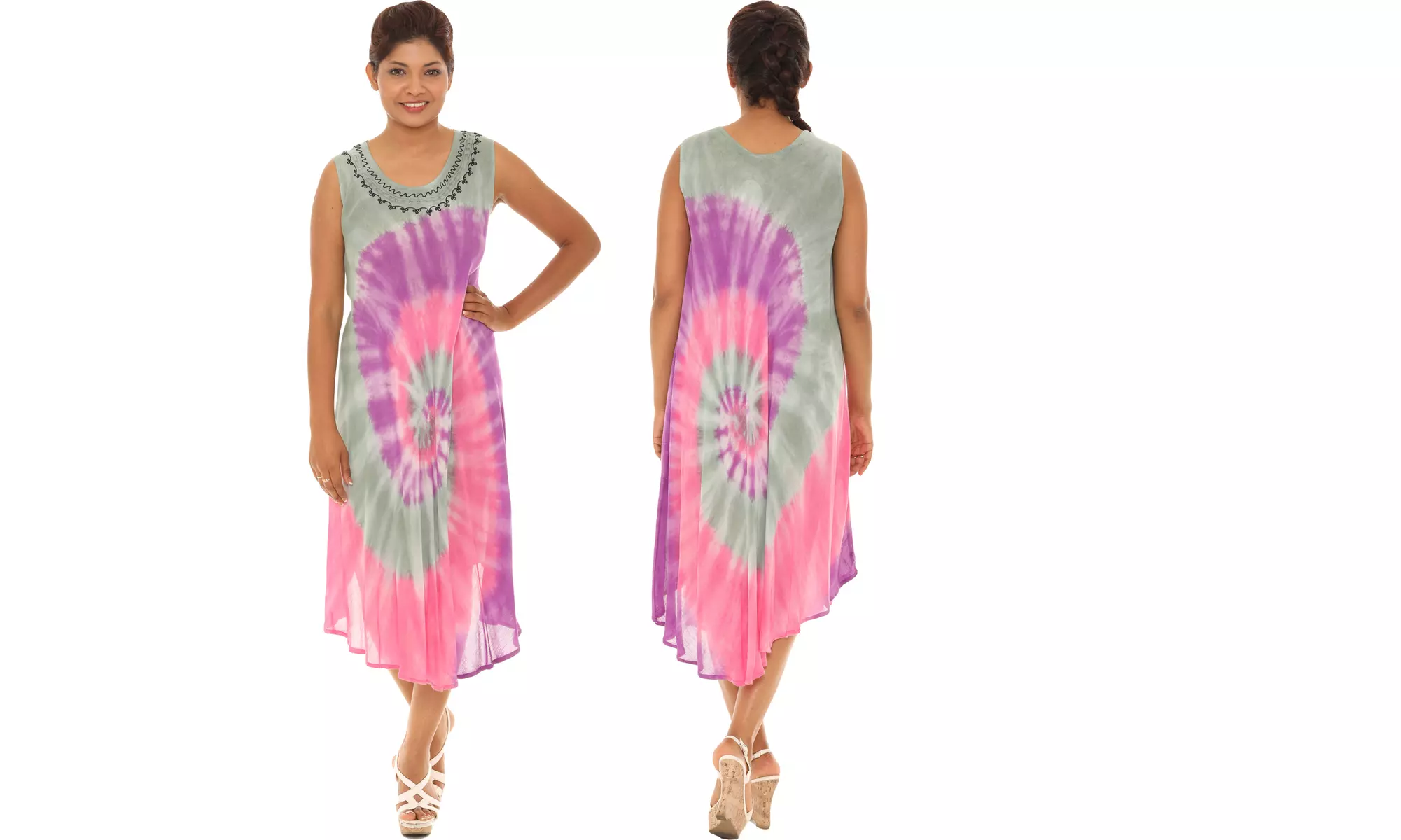 Women's Chevron Stripe Tie Dye Tank Dresses With Embroidered Neckline