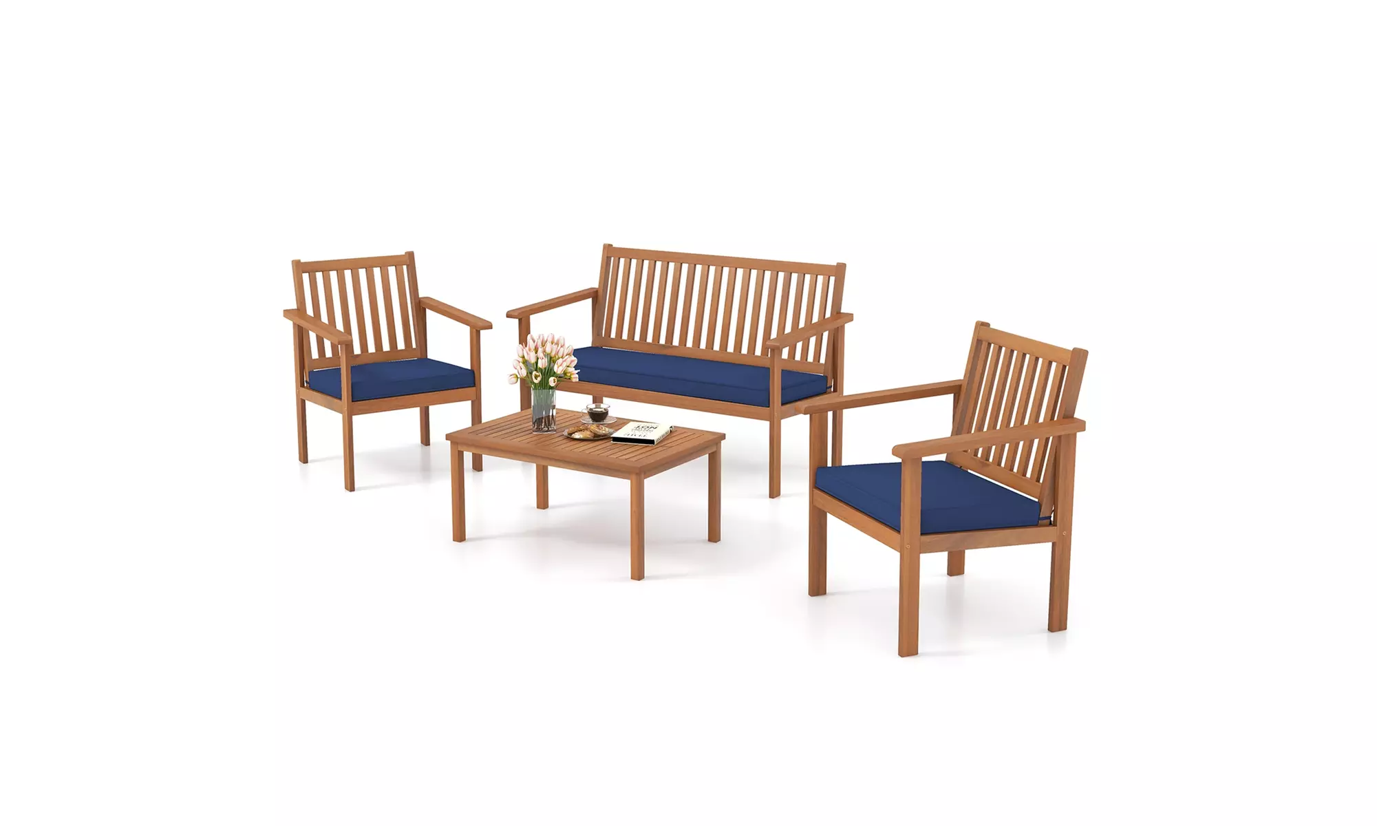 Costway 4 PCS Patio Wood Furniture Set with Loveseat, 2 Chairs & Coffee Table