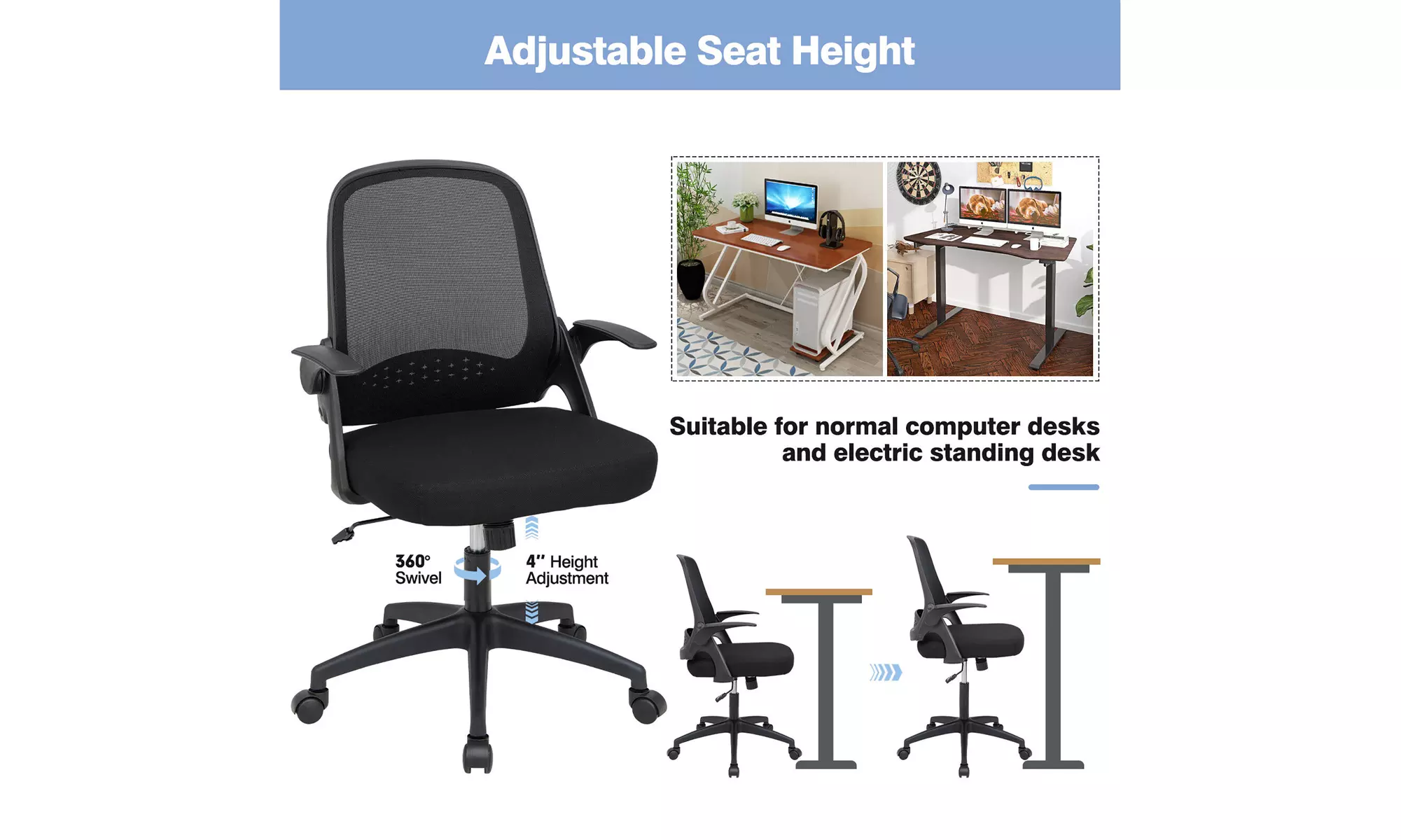 Costway Mesh Office Chair Adjustable Rolling Computer Desk Chair Flip-up Armrest