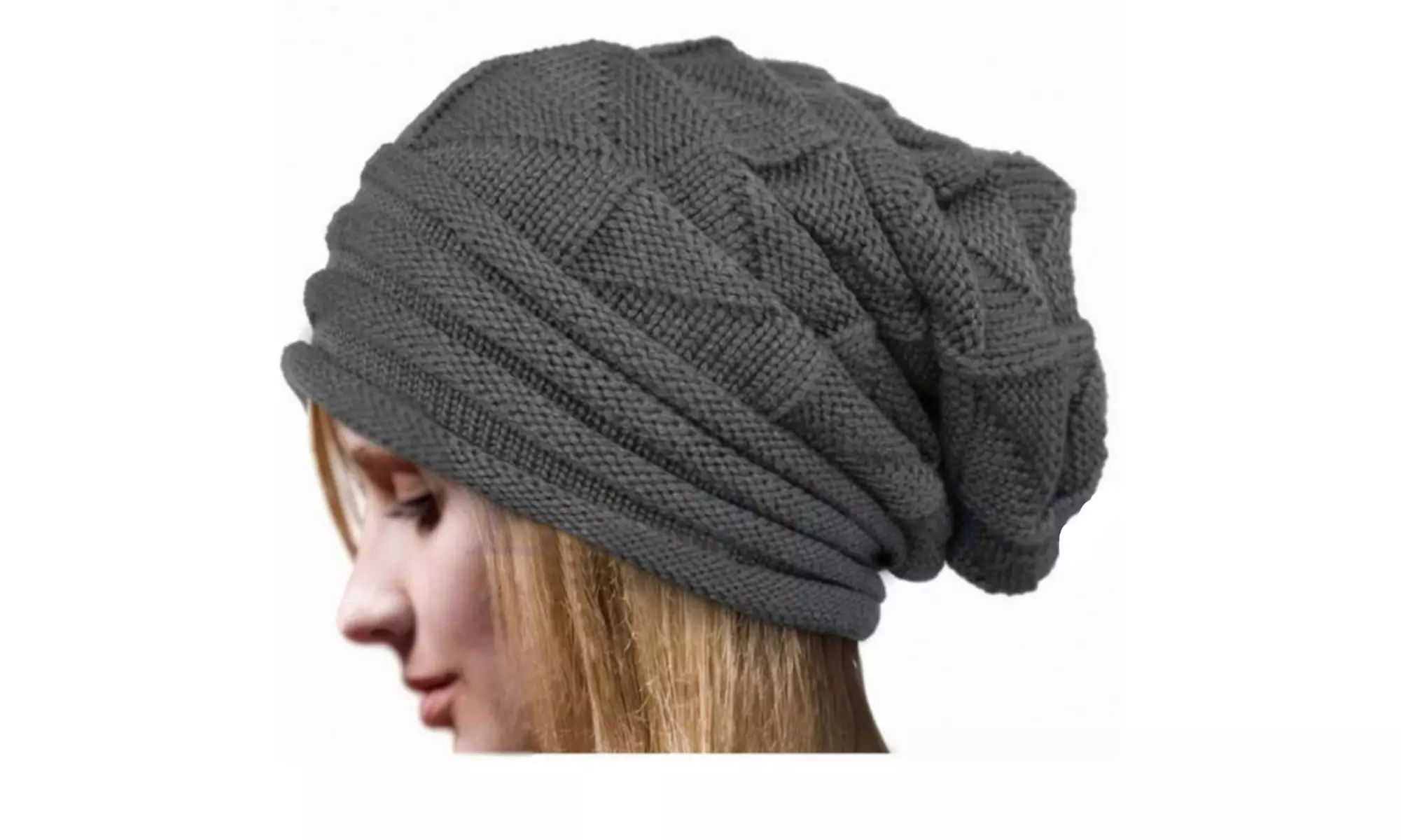 Women Men Beanie Winter Knitted Hat Unisex Folds Solid Color Hip-Hop Beanie - Second Medium