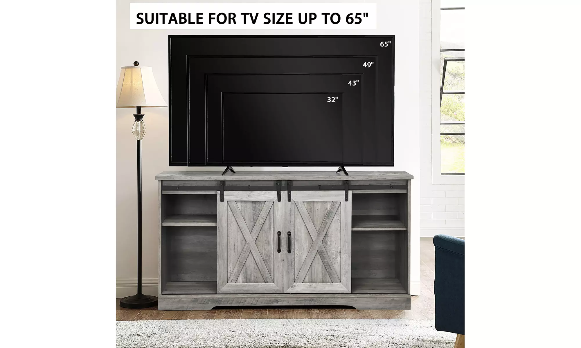 Costway 59'' Farmhouse TV Stand Sliding Barn Door Cabinet w/ Adjustable Shelf