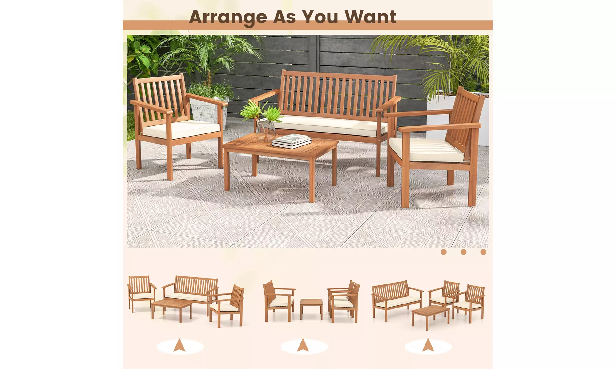 Costway 4 PCS Patio Wood Furniture Set with Loveseat, 2 Chairs & Coffee Table