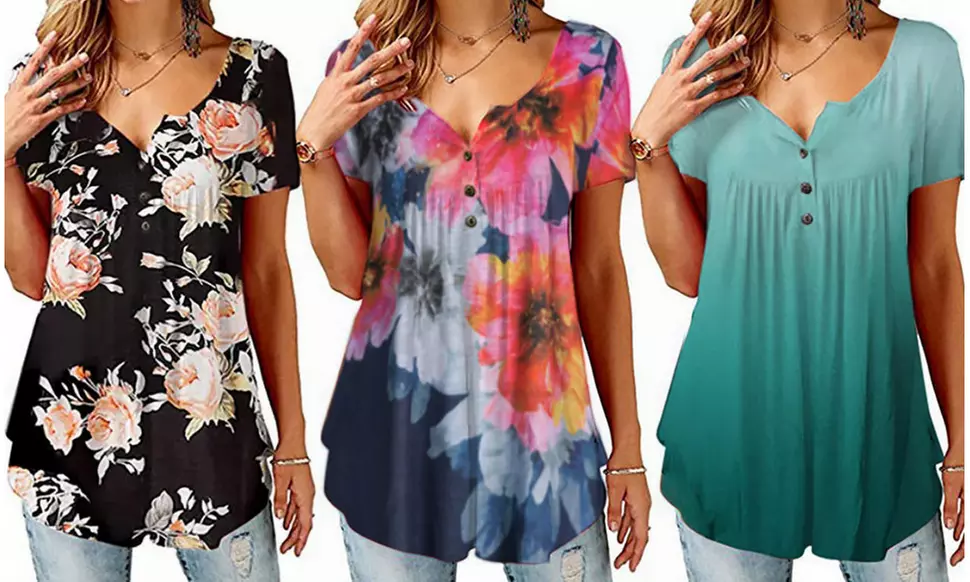 Women's Button Up Summer Short Sleeve Casual Tops Tunic Shirts Blouses - Primary Image