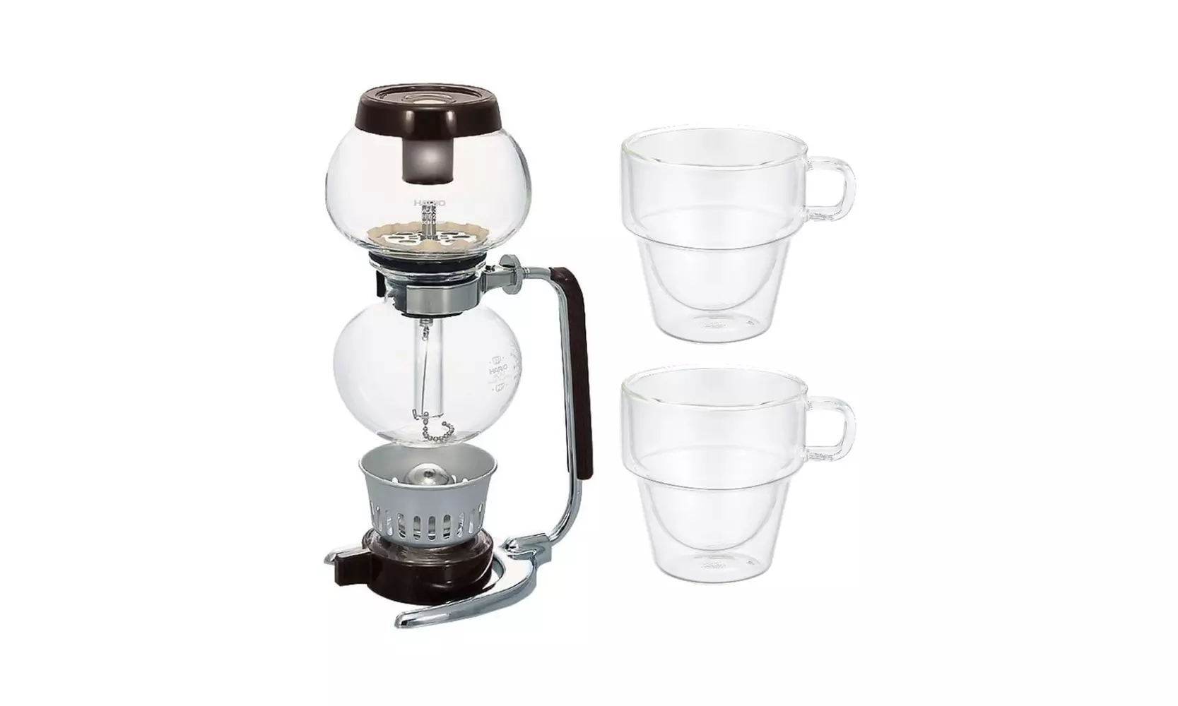 Hario 3-Cup Coffee Siphon (Moca) w/ Double Wall Stack Cups (280ml, 2-Piece Set) - Primary Image