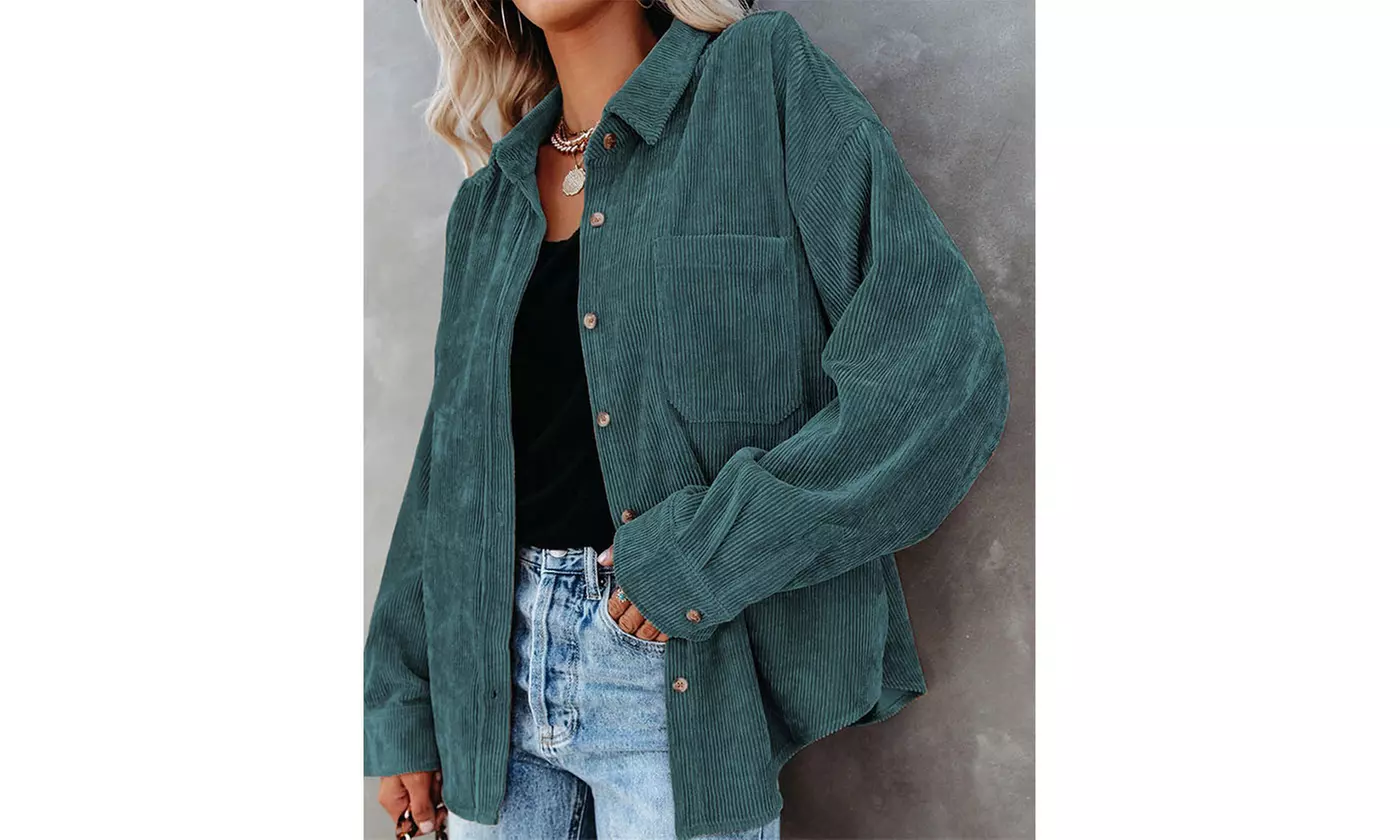 Women Loose Casual Corduroy Button Down Shirts Long Sleeve Blouses Tops