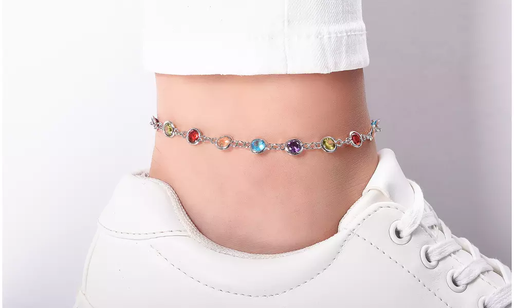 Crystal Rainbow Bezel Set Ankle Bracelets  - Primary Image