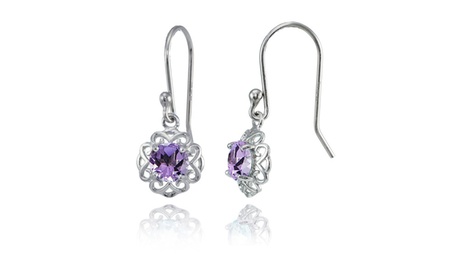 Sterling Silver Amethyst Filigree Flower Dangle Earrings Round 1 1/4 Ct Amethyst