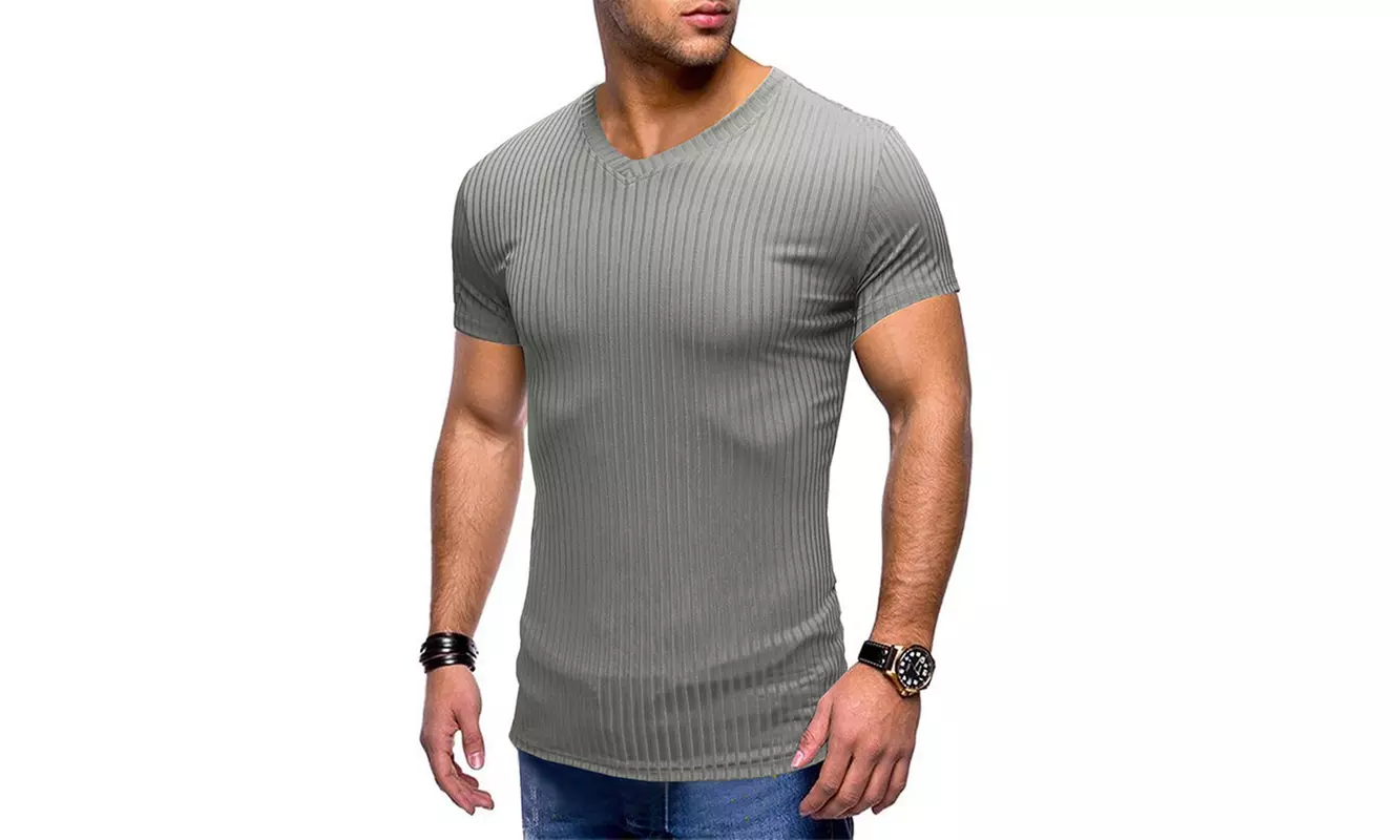 Men's Muscle Fit Shirt Gym V Neck Short Sleeve Shirt - Second Medium