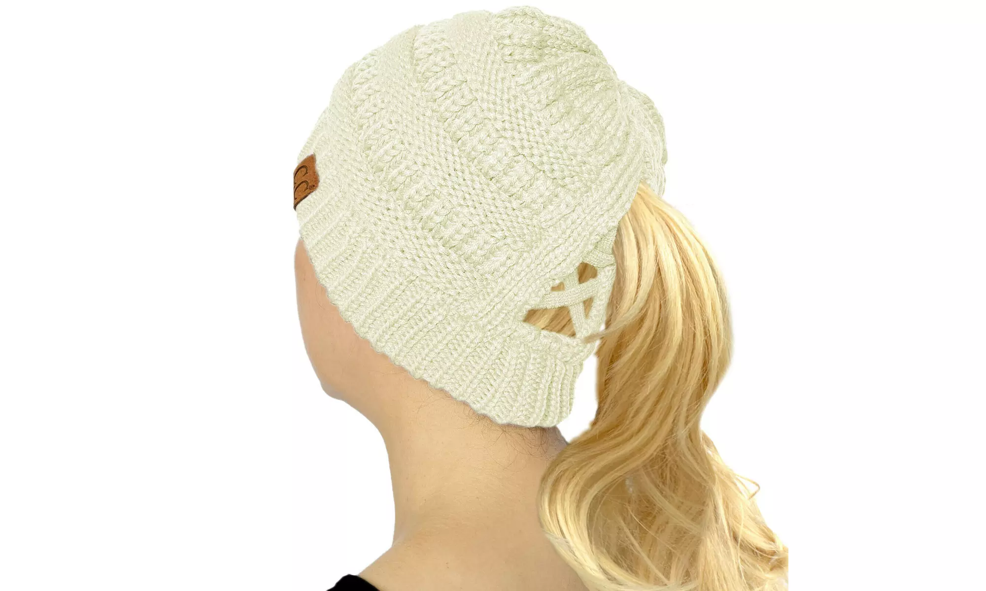 CC Criss Cross Ponytail Messy Buns Knit Stretchy Beanie Winter Cap Hat - Primary Image